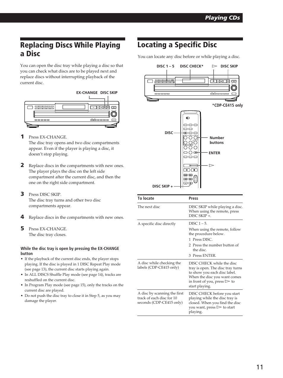 Replacing discs while playing a disc, Locating a specific disc, Playing cds | Sony CDP-C360Z User Manual | Page 11 / 24