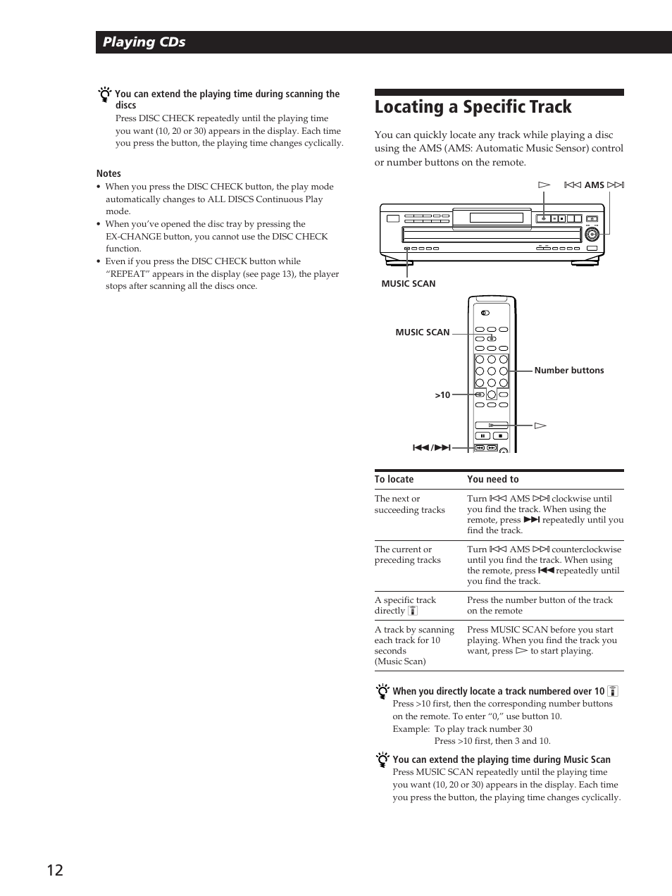 Locating a specific track, Playing cds | Sony CDP-C360Z User Manual | Page 12 / 24