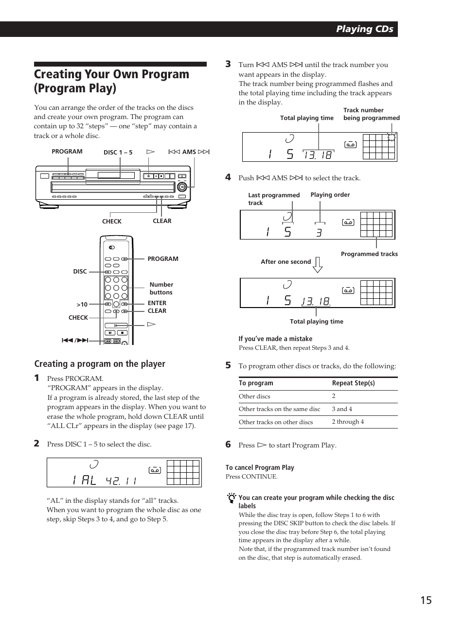 Creating your own program (program play), 1 al, Playing cds | Creating a program on the player 1 | Sony CDP-C360Z User Manual | Page 15 / 24