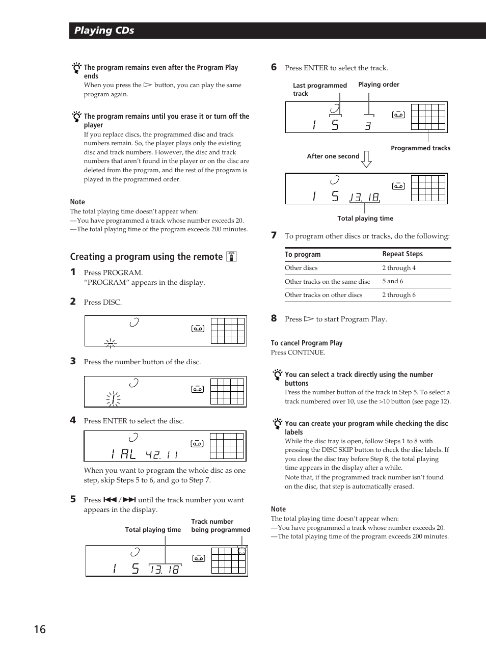 1 al, Playing cds, Creating a program using the remote z 1 | Sony CDP-C360Z User Manual | Page 16 / 24
