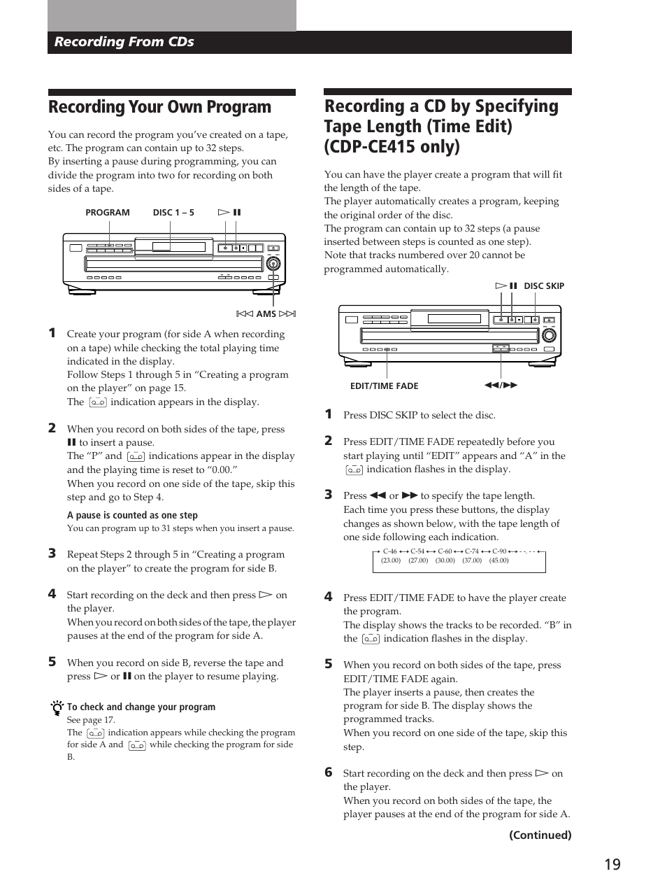 Recording your own program, Recording from cds | Sony CDP-C360Z User Manual | Page 19 / 24