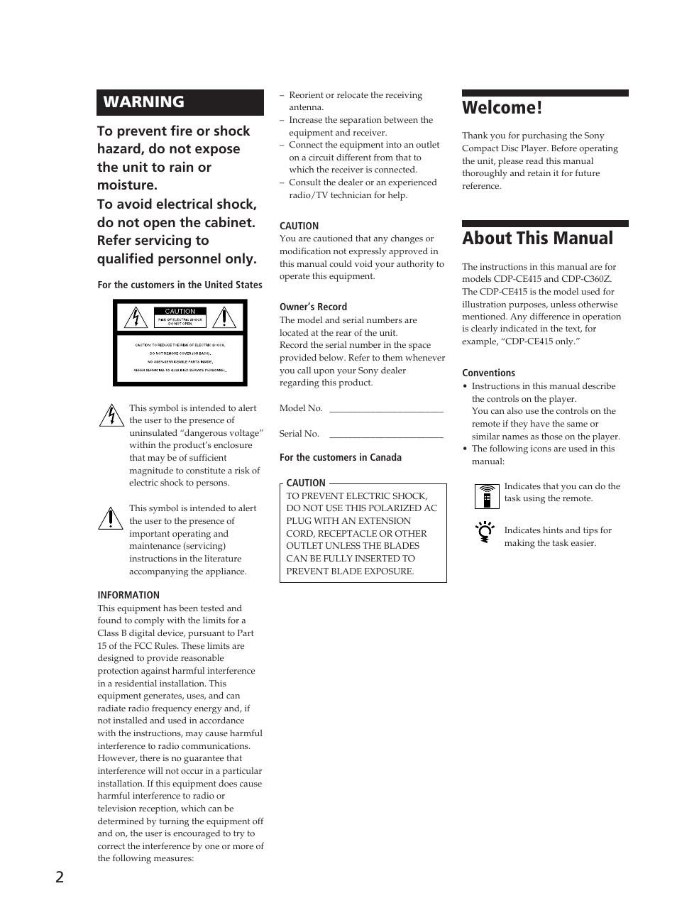 Welcome, About this manual, 2warning | Sony CDP-C360Z User Manual | Page 2 / 24