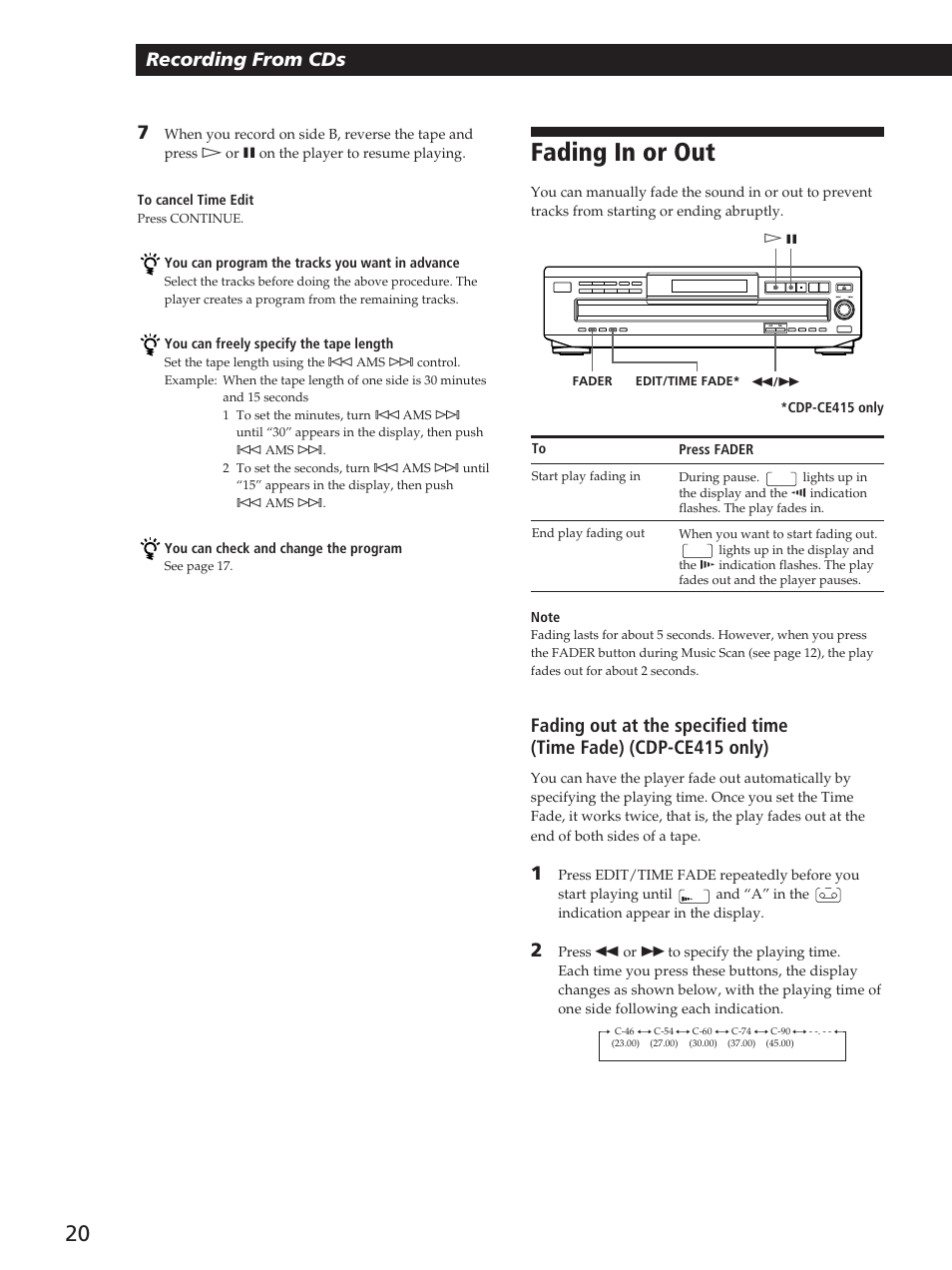 Fading in or out, Recording from cds | Sony CDP-C360Z User Manual | Page 20 / 24