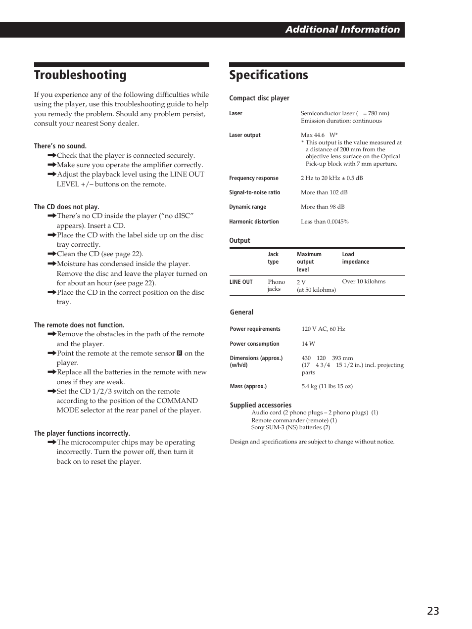 Specifications, Troubleshooting, Additional information | Sony CDP-C360Z User Manual | Page 23 / 24