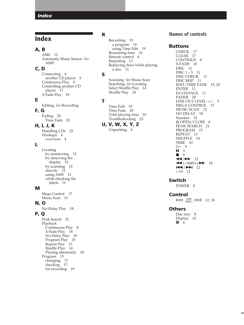 Index, A, b, C, d | F, g, H, i, j, k, N, o, P, q, U, v, w, x, y, z, Names of controls buttons, Switch | Sony CDP-C360Z User Manual | Page 24 / 24