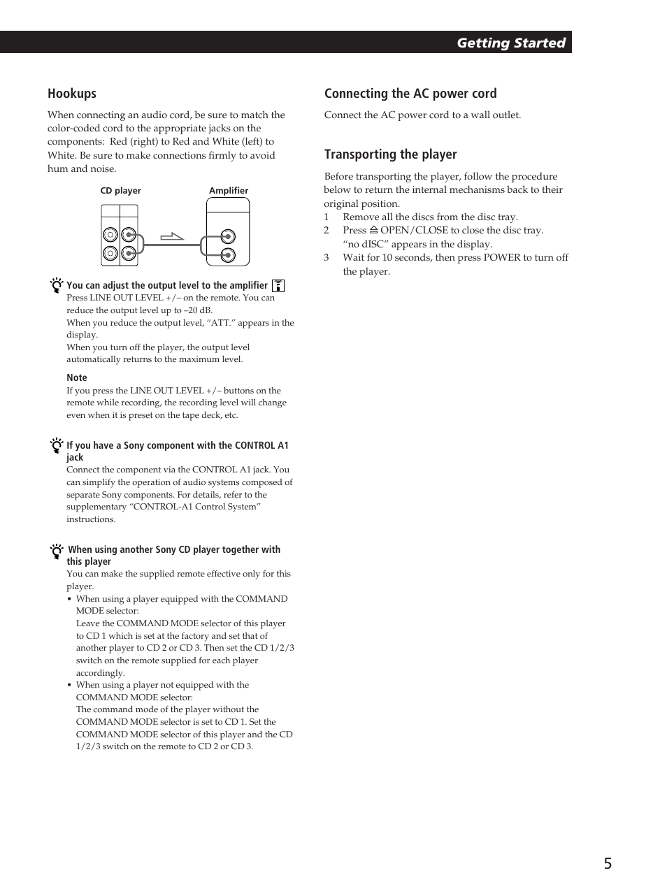 Getting started, Hookups, Connecting the ac power cord | Transporting the player | Sony CDP-C360Z User Manual | Page 5 / 24