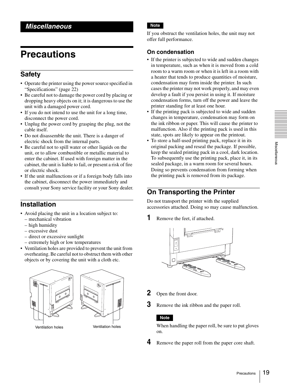 Miscellaneous, Precautions, Safety | Installation, On transporting the printer, Safety installation on transporting the printer | Sony UP-GR700 User Manual | Page 19 / 27