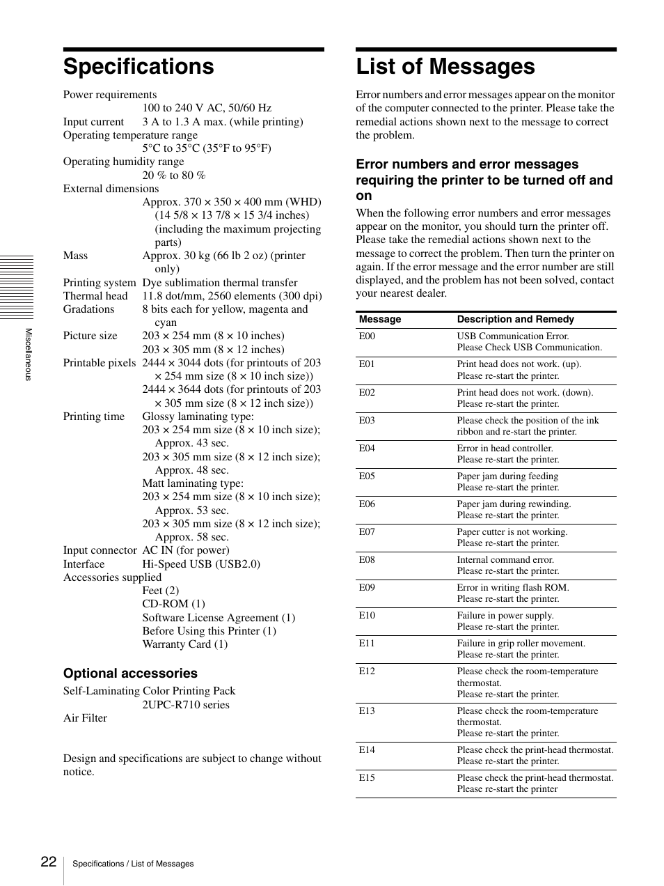 Specifications, List of messages, Specifications list of messages | Optional accessories | Sony UP-GR700 User Manual | Page 22 / 27