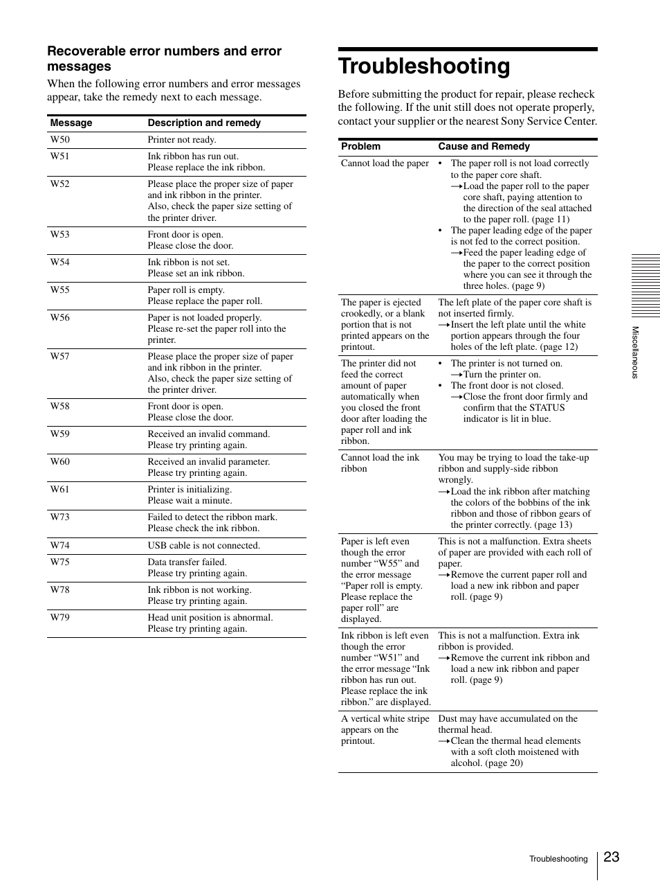 Troubleshooting, Recoverable error numbers and error messages | Sony UP-GR700 User Manual | Page 23 / 27