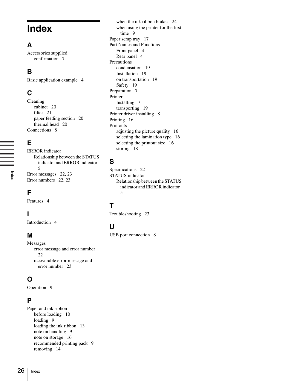 Index | Sony UP-GR700 User Manual | Page 26 / 27