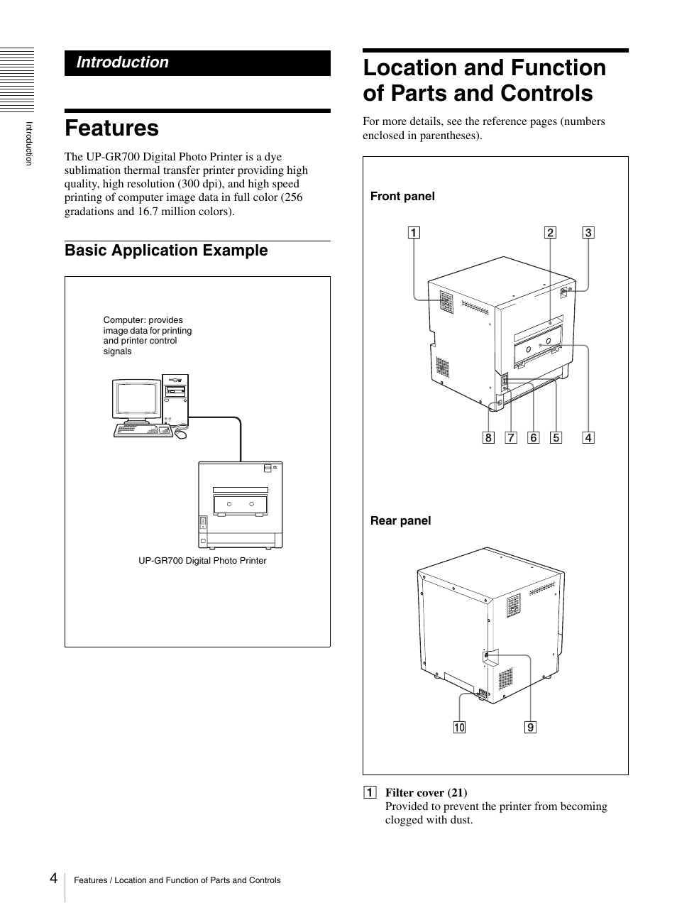 Introduction, Features, Basic application example | Location and function of parts and controls | Sony UP-GR700 User Manual | Page 4 / 27