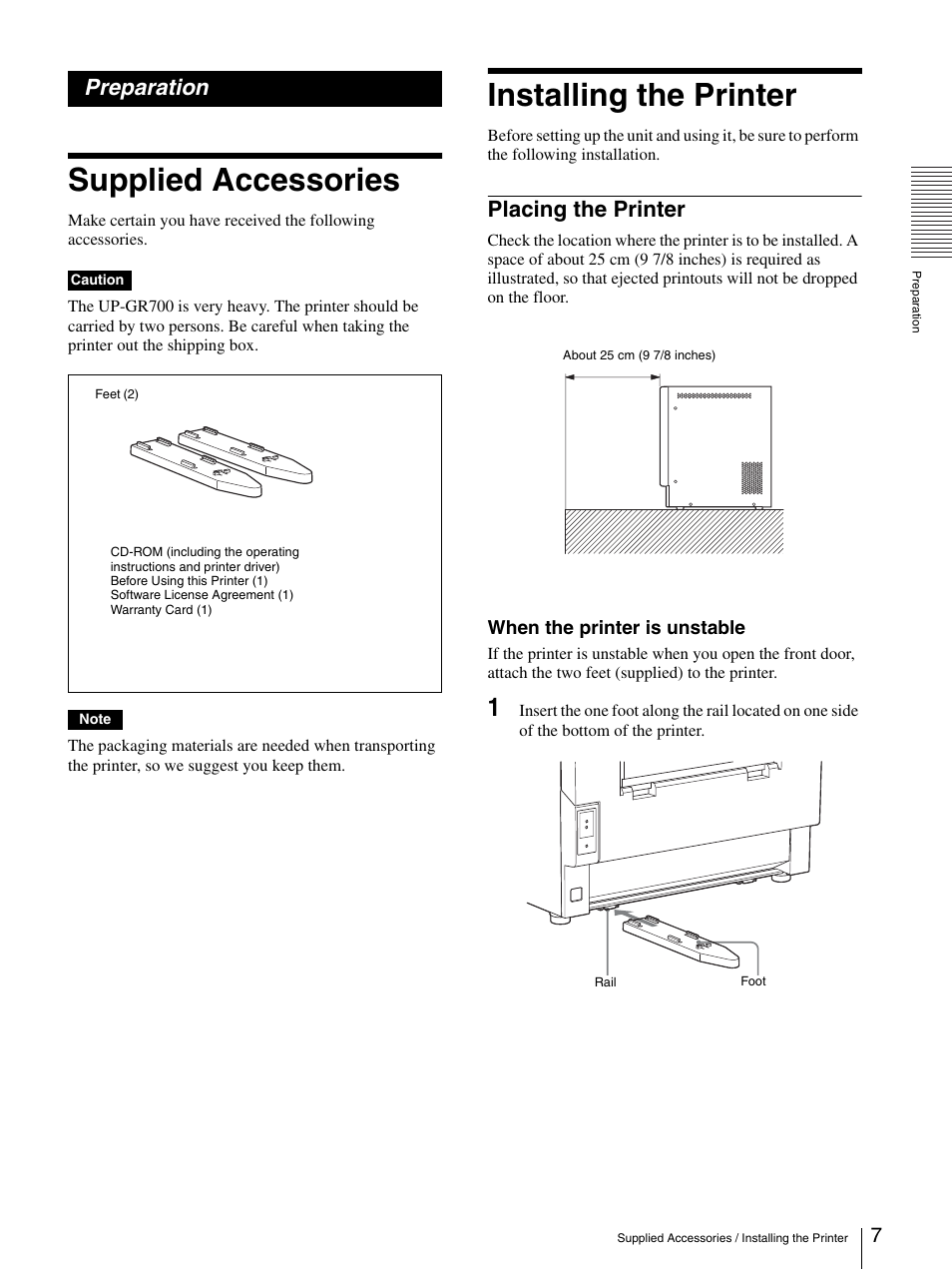 Preparation, Supplied accessories, Installing the printer | Placing the printer, Supplied accessories installing the printer | Sony UP-GR700 User Manual | Page 7 / 27