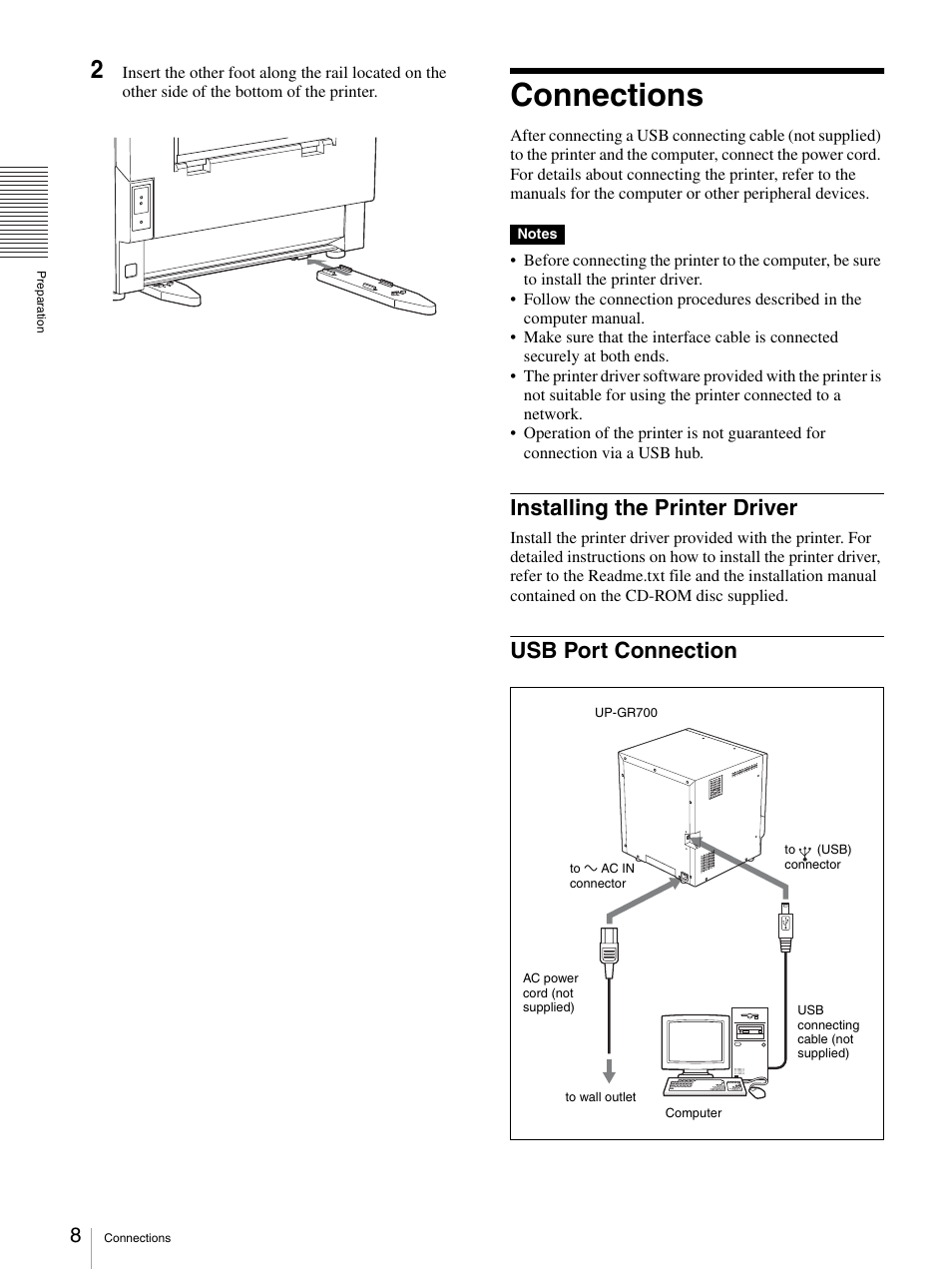 Connections, Installing the printer driver, Usb port connection | Installing the printer driver usb port connection, Connector (8), Tor (8) | Sony UP-GR700 User Manual | Page 8 / 27