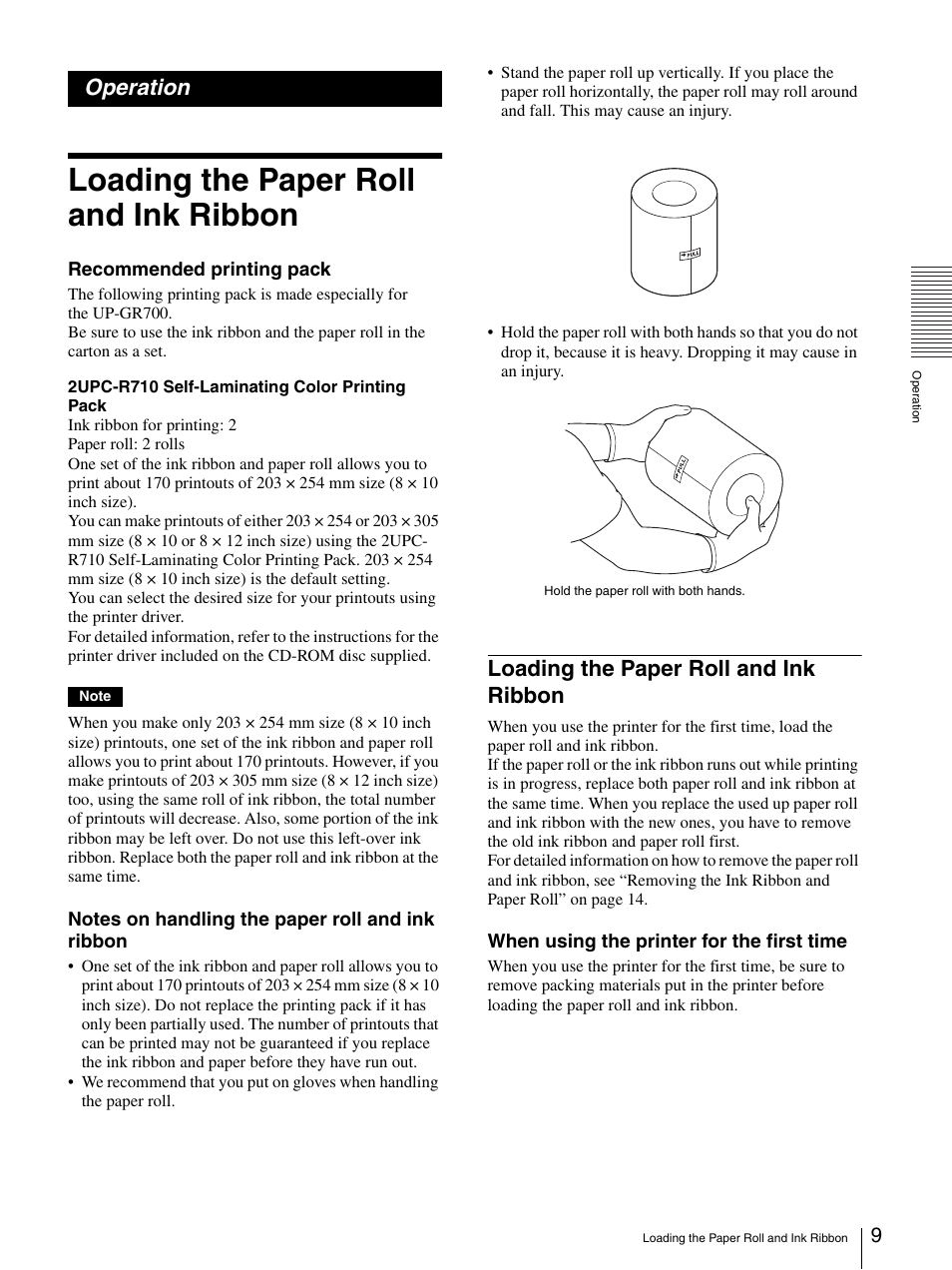 Operation, Loading the paper roll and ink ribbon | Sony UP-GR700 User Manual | Page 9 / 27