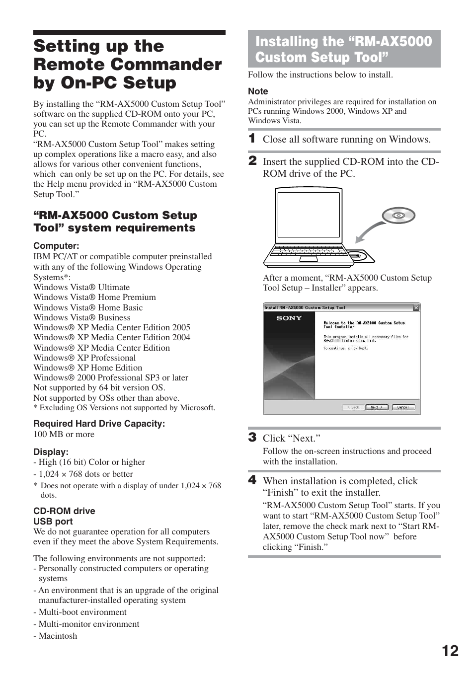 Setting up the remote commander by on-pc setup, Installing the “rm-ax5000 custom setup tool, Setting up the remote commander by | On-pc setup, Installing the “rm-ax5000 custom setup, Tool | Sony RM-AX5000 User Manual | Page 12 / 52