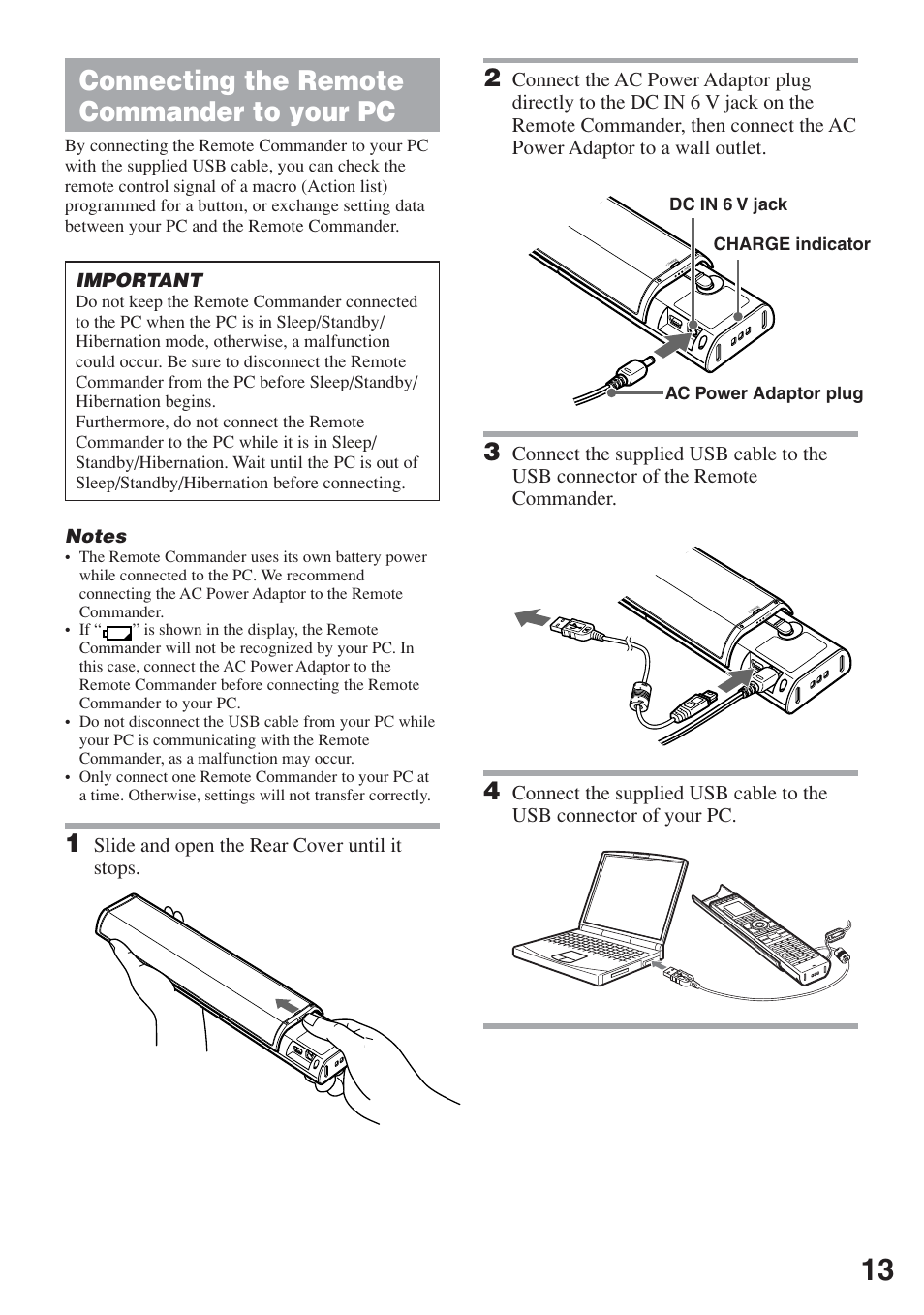 Connecting the remote commander to your pc, Connecting the remote commander to, Your pc | Slide and open the rear cover until it stops, Important | Sony RM-AX5000 User Manual | Page 13 / 52