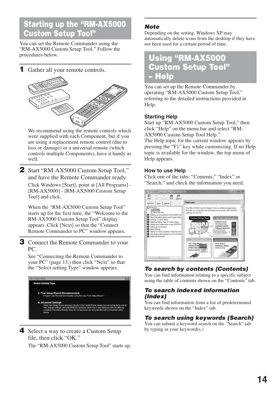 Starting up the “rm-ax5000 custom setup tool, Using “rm-ax5000 custom setup tool” – help, Starting up the “rm-ax5000 custom | Setup tool, Using “rm-ax5000 custom setup tool, Help | Sony RM-AX5000 User Manual | Page 14 / 52