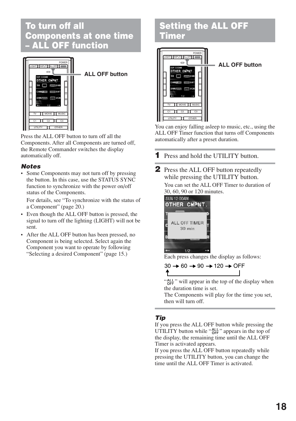 Setting the all off timer, To turn off all components at one time, All off function | Press and hold the utility button | Sony RM-AX5000 User Manual | Page 18 / 52