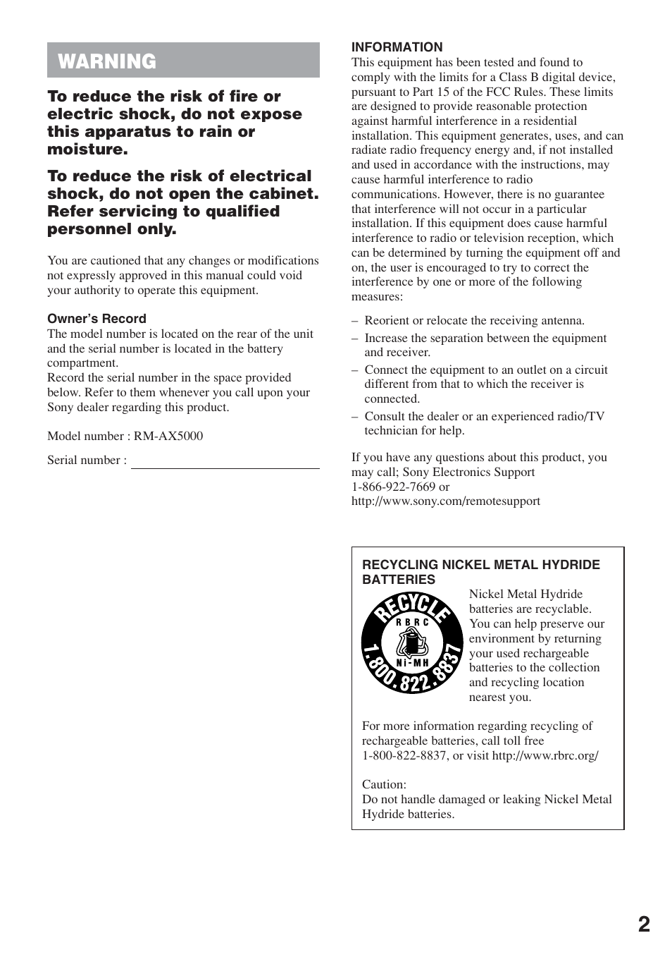 Warning | Sony RM-AX5000 User Manual | Page 2 / 52