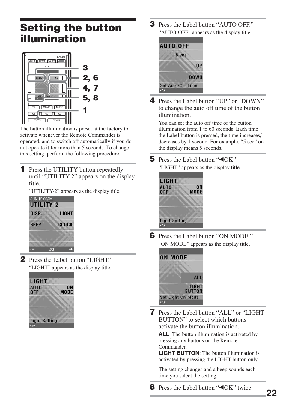 Setting the button illumination | Sony RM-AX5000 User Manual | Page 22 / 52