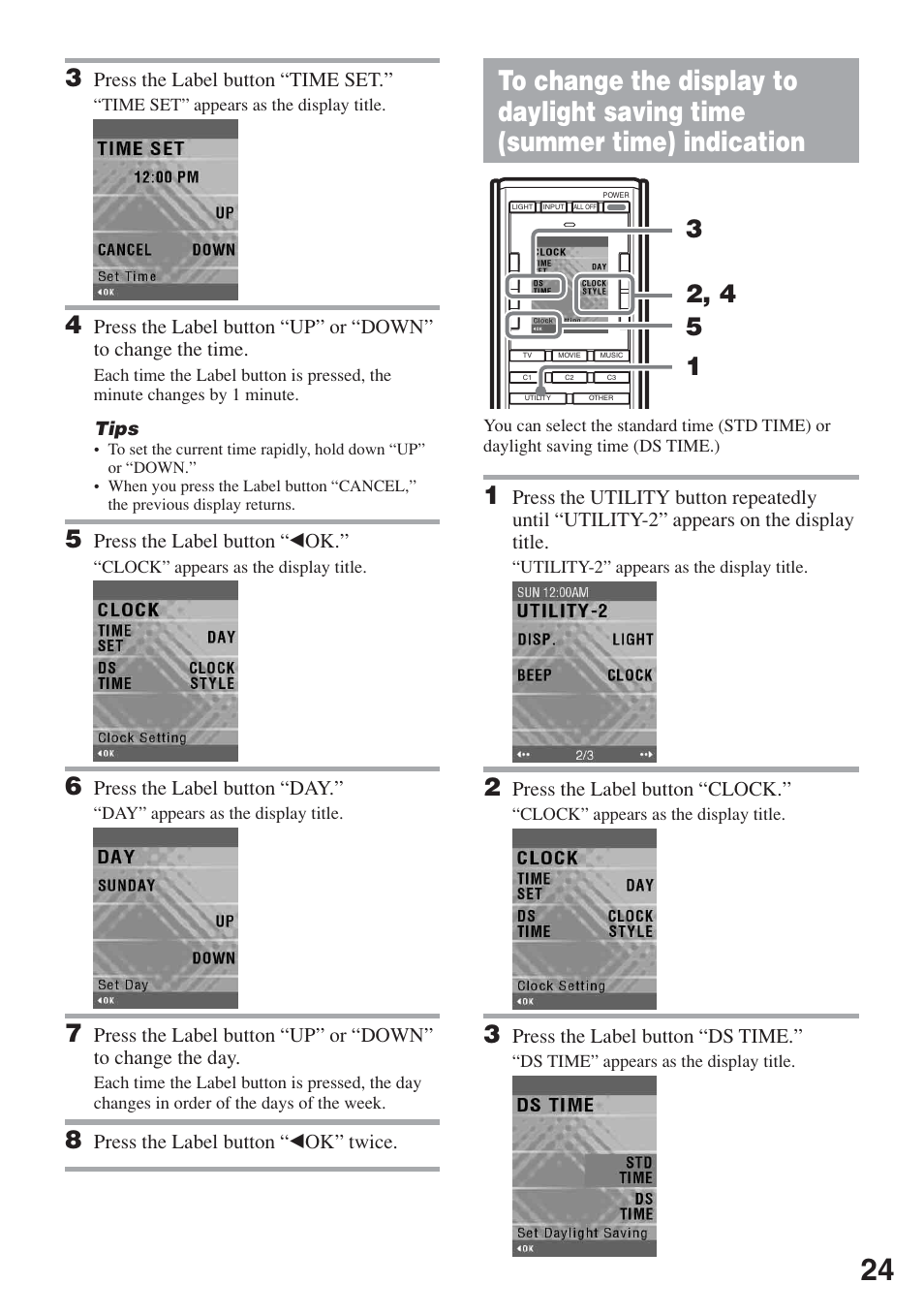 To change the display to daylight saving, Time (summer time) indication | Sony RM-AX5000 User Manual | Page 24 / 52