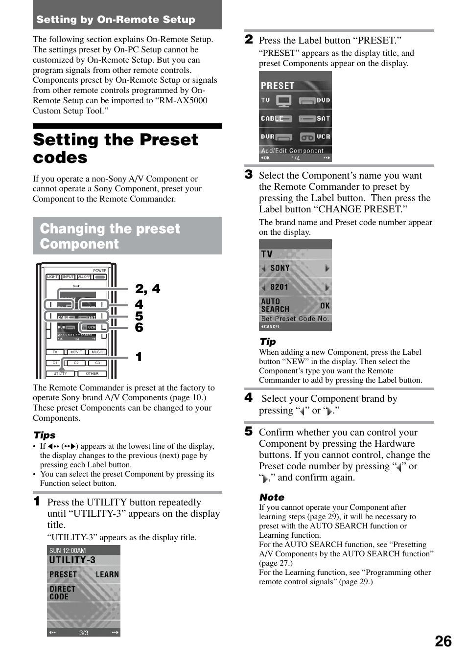 Setting by on-remote setup, Setting the preset codes, Changing the preset component | Sony RM-AX5000 User Manual | Page 26 / 52