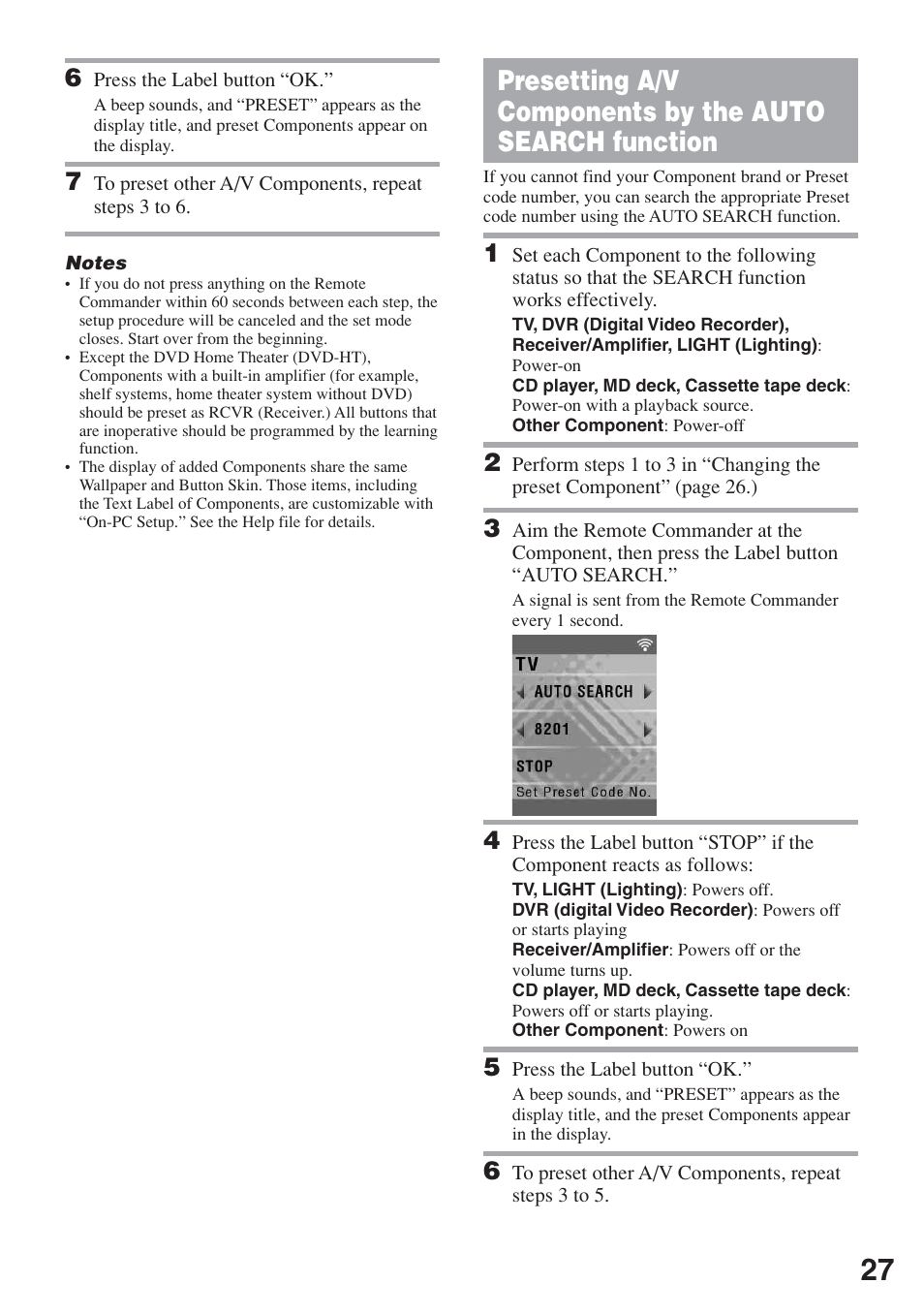 Presetting a/v components by the auto, Search function | Sony RM-AX5000 User Manual | Page 27 / 52