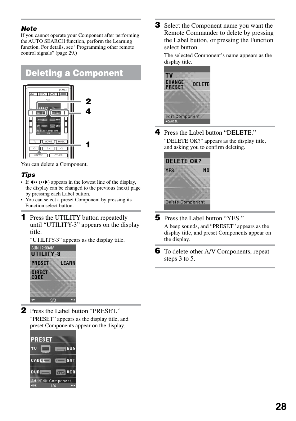 Deleting a component, Press the label button “preset, Press the label button “delete | Press the label button “yes | Sony RM-AX5000 User Manual | Page 28 / 52