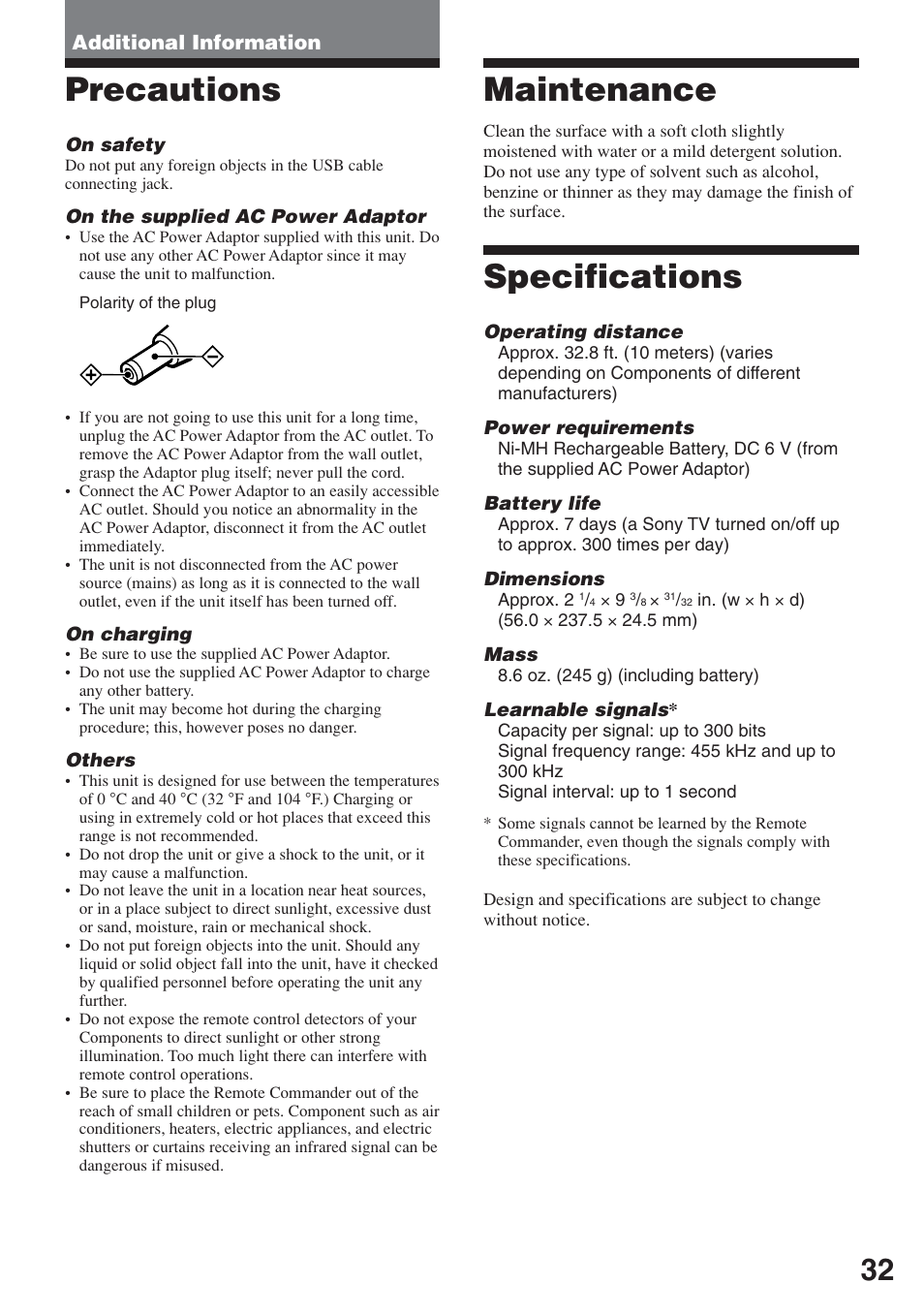 Additional information, Precautions, Maintenance | Specifications | Sony RM-AX5000 User Manual | Page 32 / 52