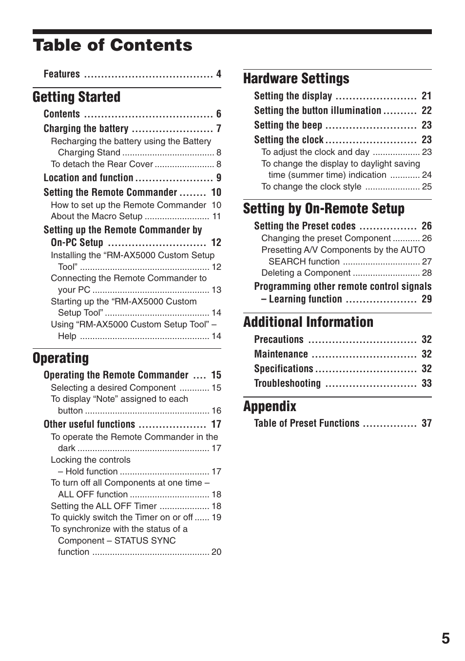 Sony RM-AX5000 User Manual | Page 5 / 52