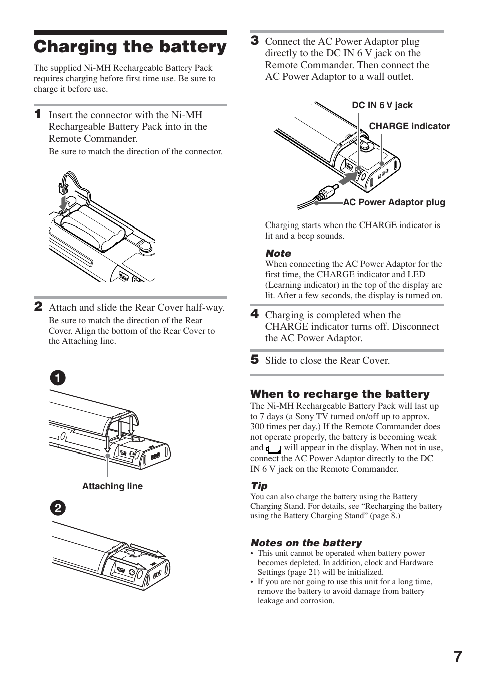 Charging the battery, When to recharge the battery | Sony RM-AX5000 User Manual | Page 7 / 52