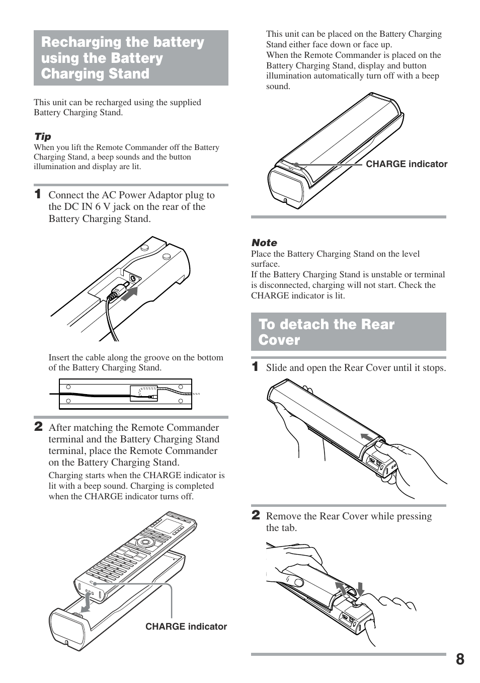 To detach the rear cover, Recharging the battery using the battery, Charging stand | Slide and open the rear cover until it stops, Remove the rear cover while pressing the tab | Sony RM-AX5000 User Manual | Page 8 / 52