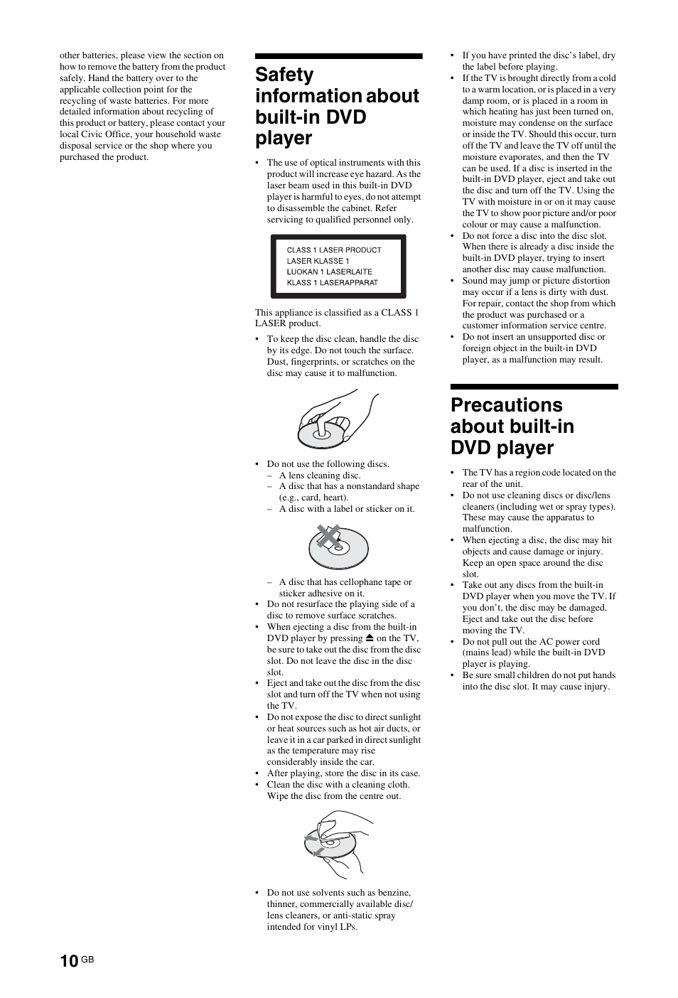 Safety information about built-in dvd player, Precautions about built-in dvd player | Sony KDL-22CX32D User Manual | Page 10 / 48