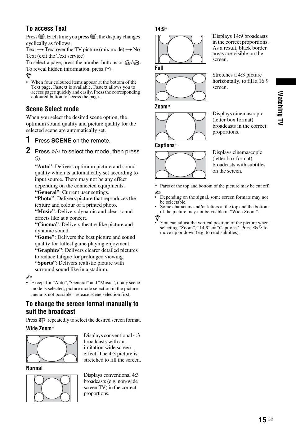 Wat chi ng t v to access text, Scene select mode | Sony KDL-22CX32D User Manual | Page 15 / 48