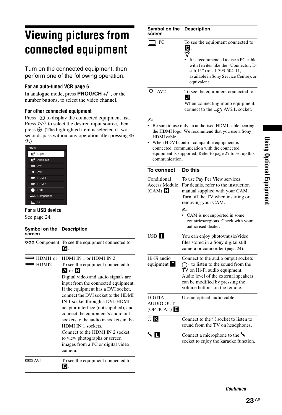 Viewing pictures from connected equipment, Usi ng opt io nal equi pment | Sony KDL-22CX32D User Manual | Page 23 / 48