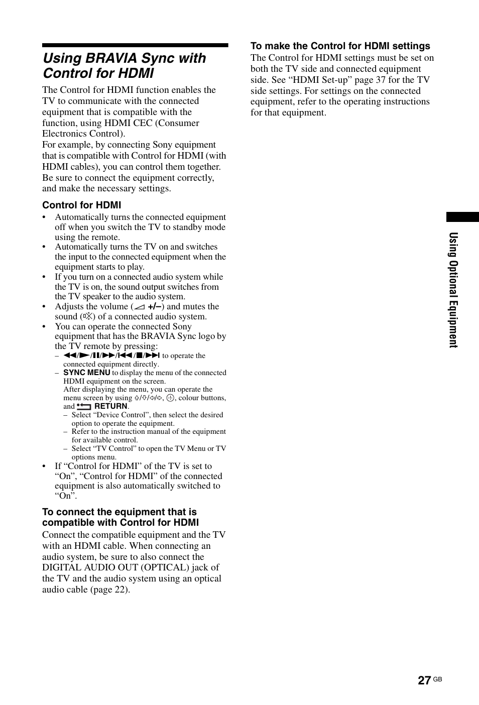 Using bravia sync with control for hdmi, Usi ng opt io nal equi pment | Sony KDL-22CX32D User Manual | Page 27 / 48