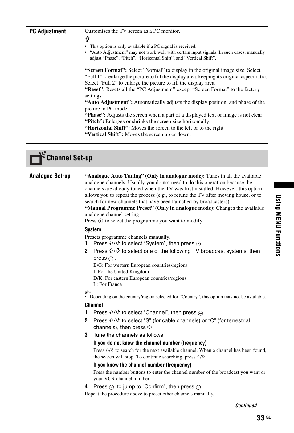 Channel set-up | Sony KDL-22CX32D User Manual | Page 33 / 48