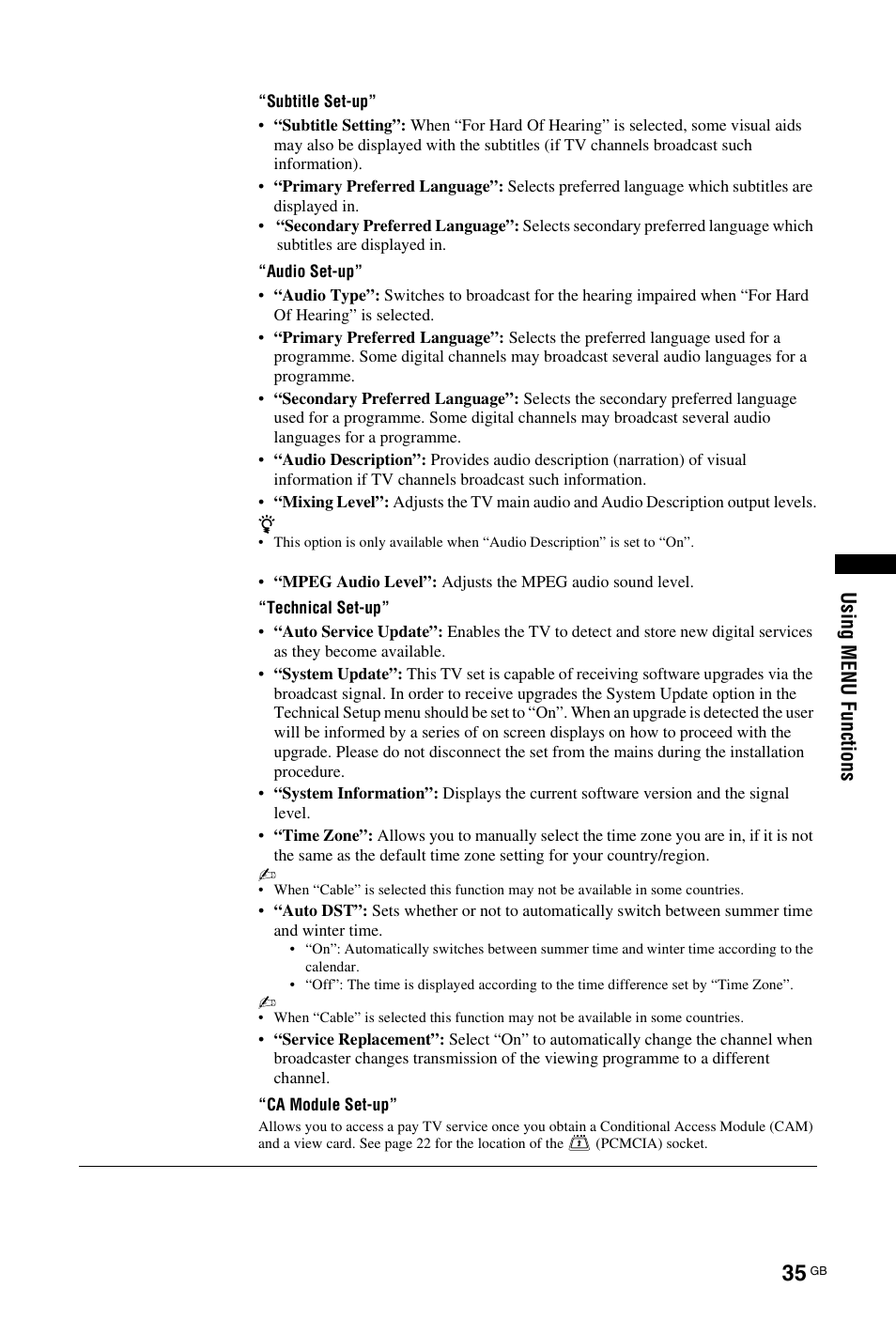 Usi ng menu func ti ons | Sony KDL-22CX32D User Manual | Page 35 / 48