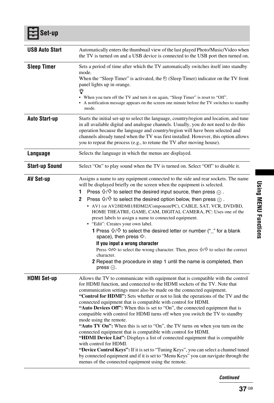 Set-up | Sony KDL-22CX32D User Manual | Page 37 / 48