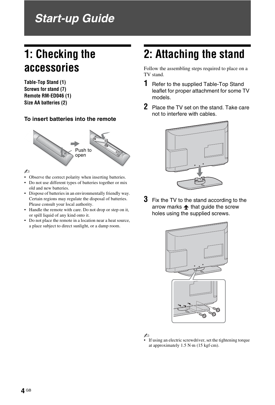 Start-up guide, Start-up guide 1: checking the accessories, Attaching the stand | Sony KDL-22CX32D User Manual | Page 4 / 48