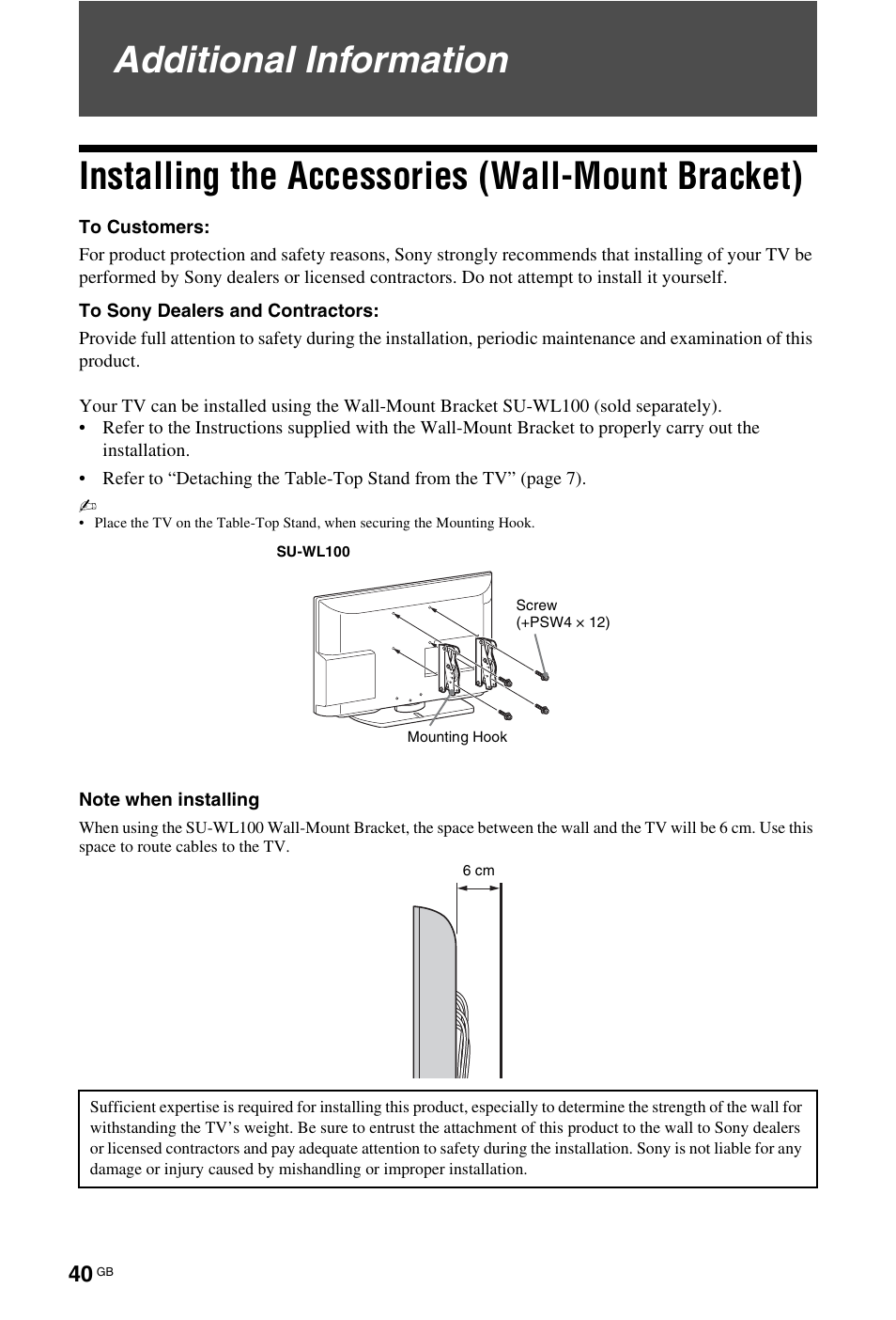 Additional information, Installing the accessories (wall-mount bracket) | Sony KDL-22CX32D User Manual | Page 40 / 48