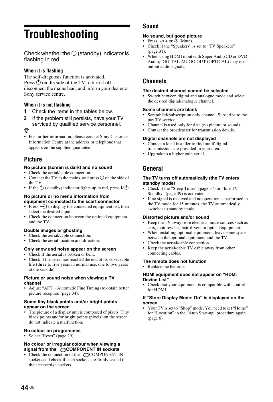 Troubleshooting, Picture, Sound | Channels, General | Sony KDL-22CX32D User Manual | Page 44 / 48