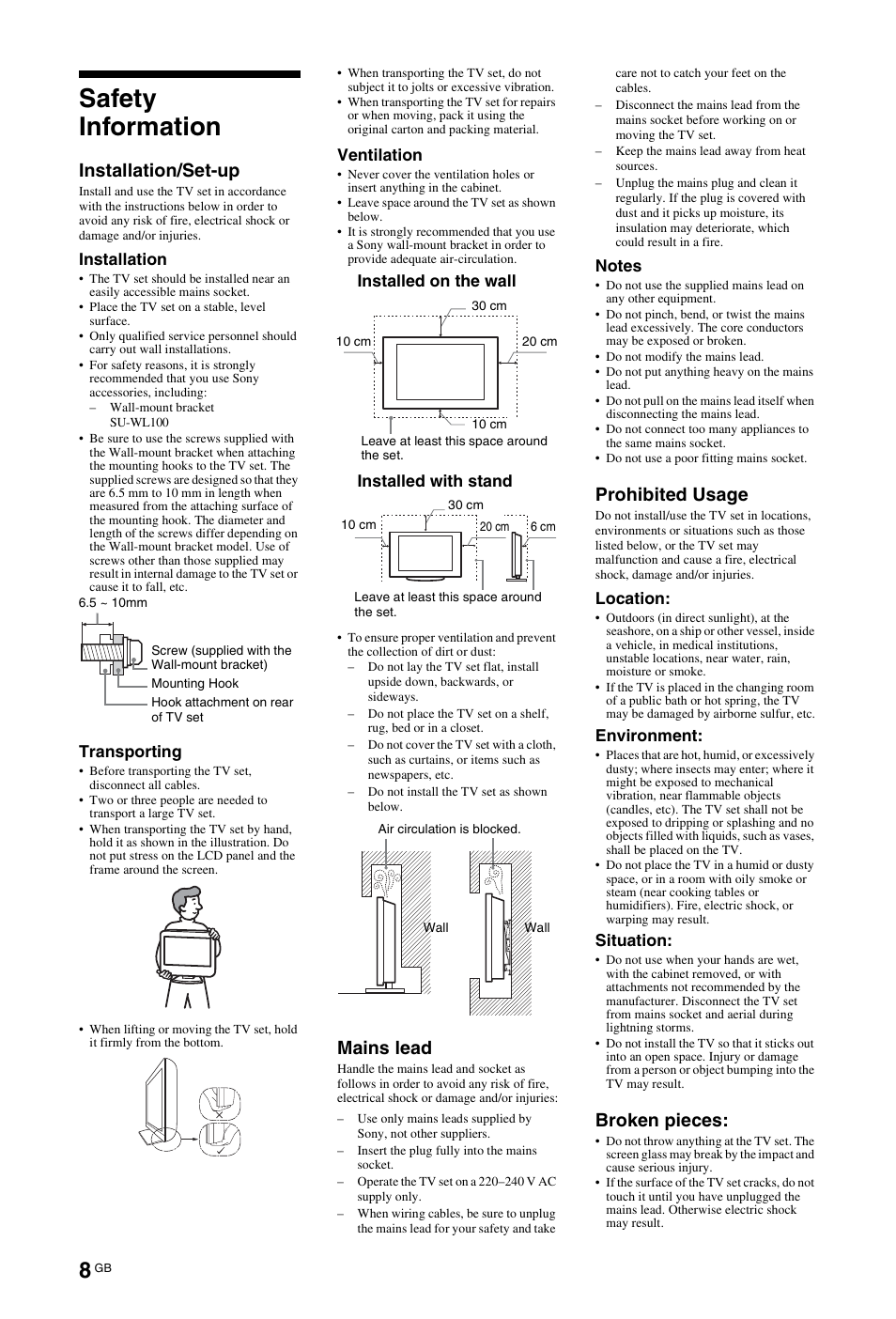 Safety information, Please read “safety information, Installation/set-up | Mains lead, Prohibited usage, Broken pieces | Sony KDL-22CX32D User Manual | Page 8 / 48