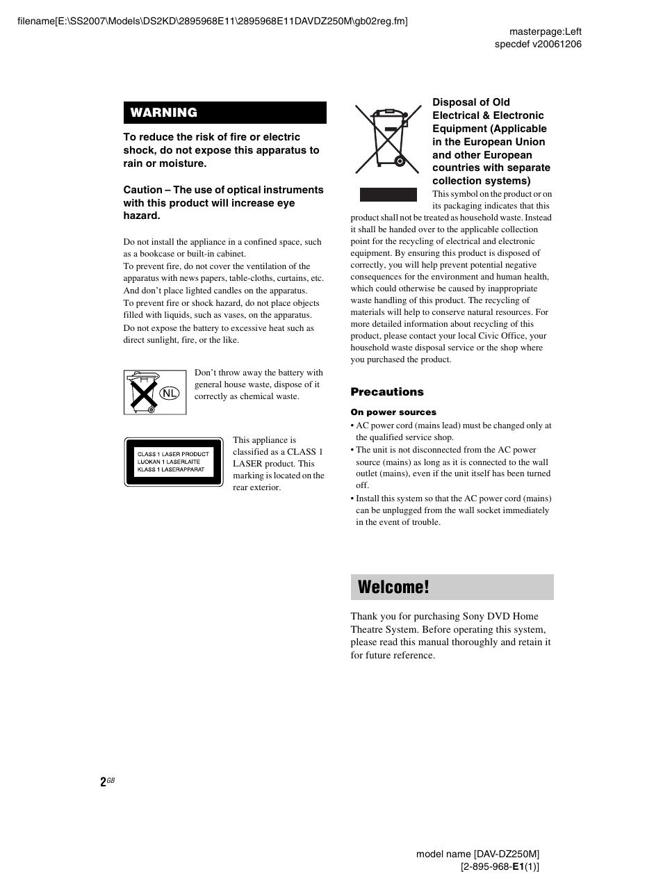 Warning, Welcome | Sony DAV-DZ250M User Manual | Page 2 / 104