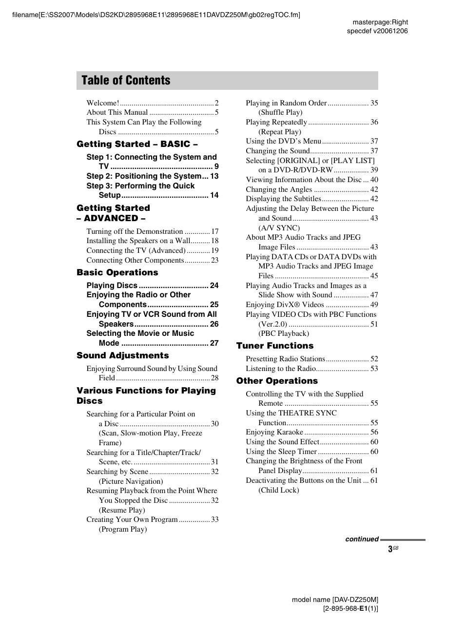 Sony DAV-DZ250M User Manual | Page 3 / 104