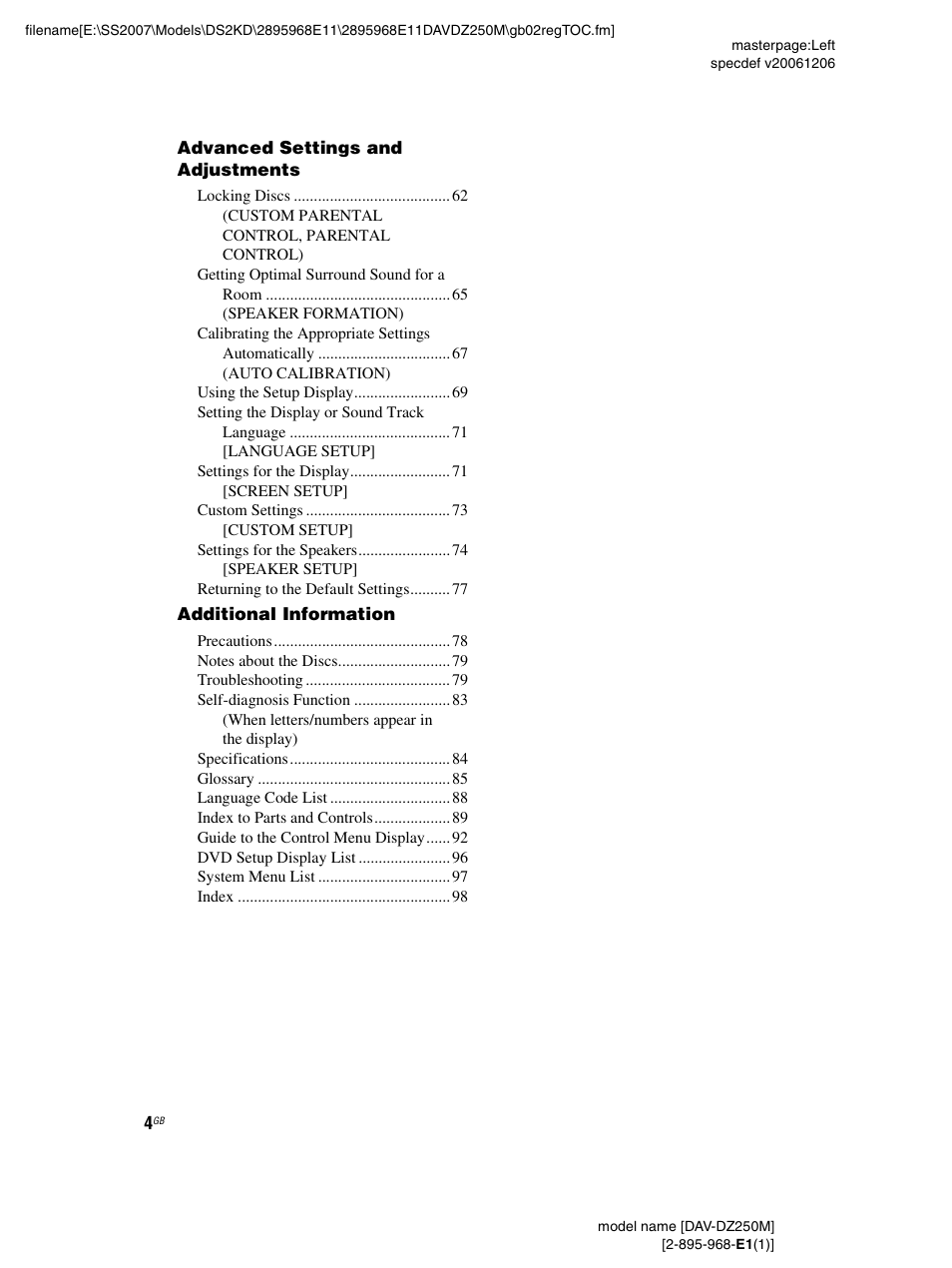 Sony DAV-DZ250M User Manual | Page 4 / 104