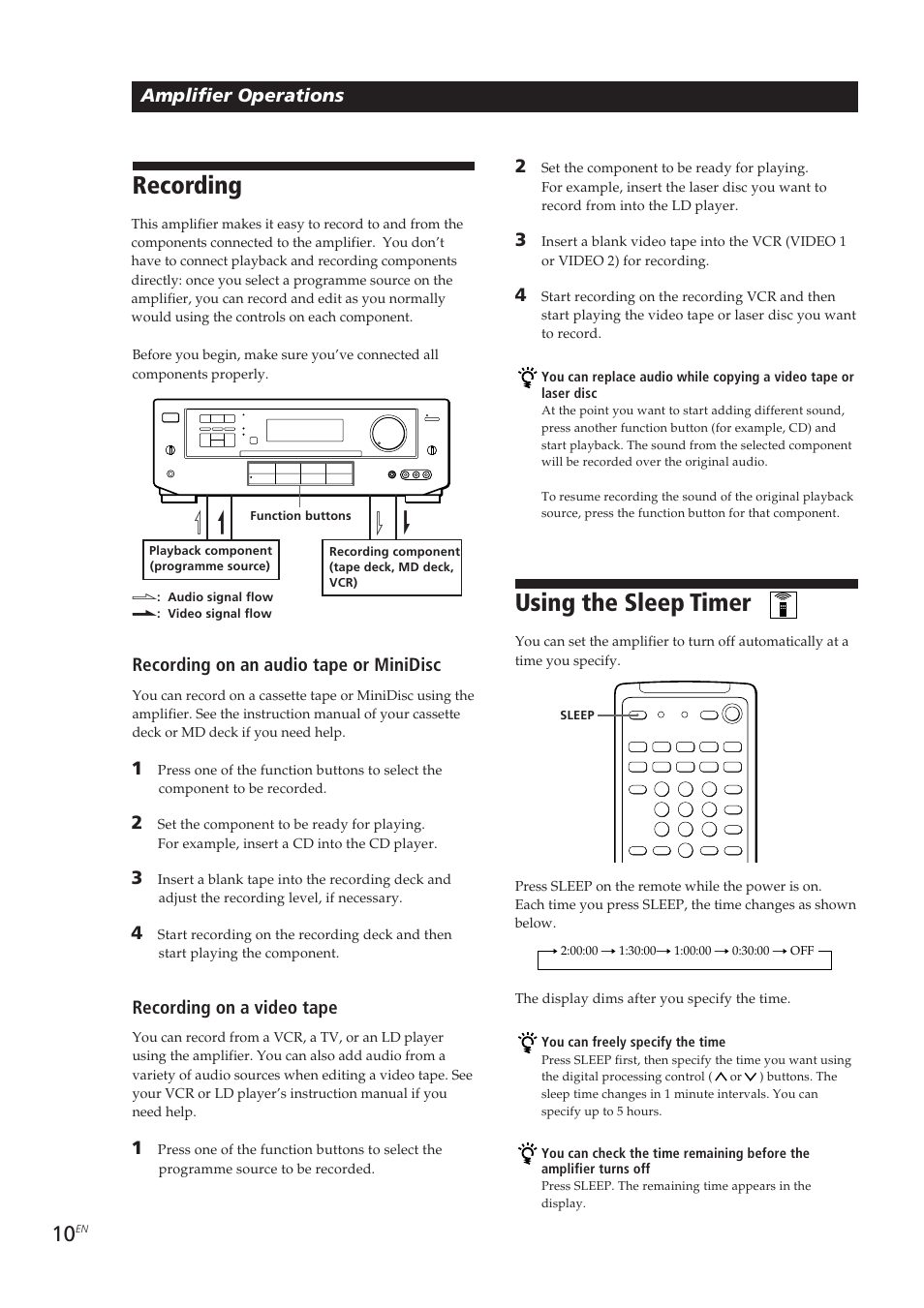Recording, Using the sleep timer, Amplifier operations | Recording on an audio tape or minidisc, Recording on a video tape | Sony TA-VE700 User Manual | Page 10 / 90