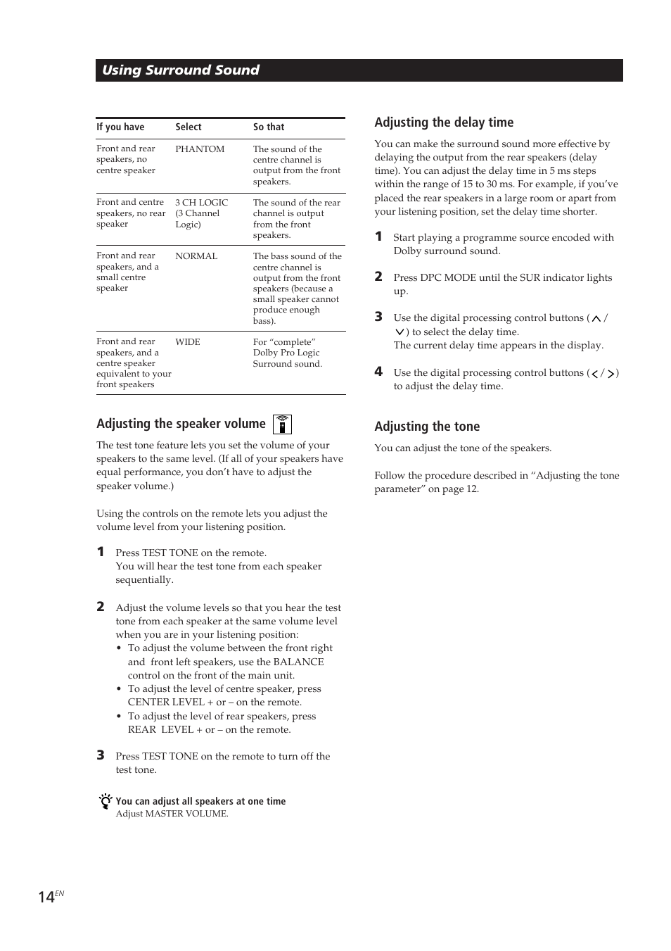 Using surround sound, Adjusting the speaker volume, Adjusting the delay time | Adjusting the tone | Sony TA-VE700 User Manual | Page 14 / 90