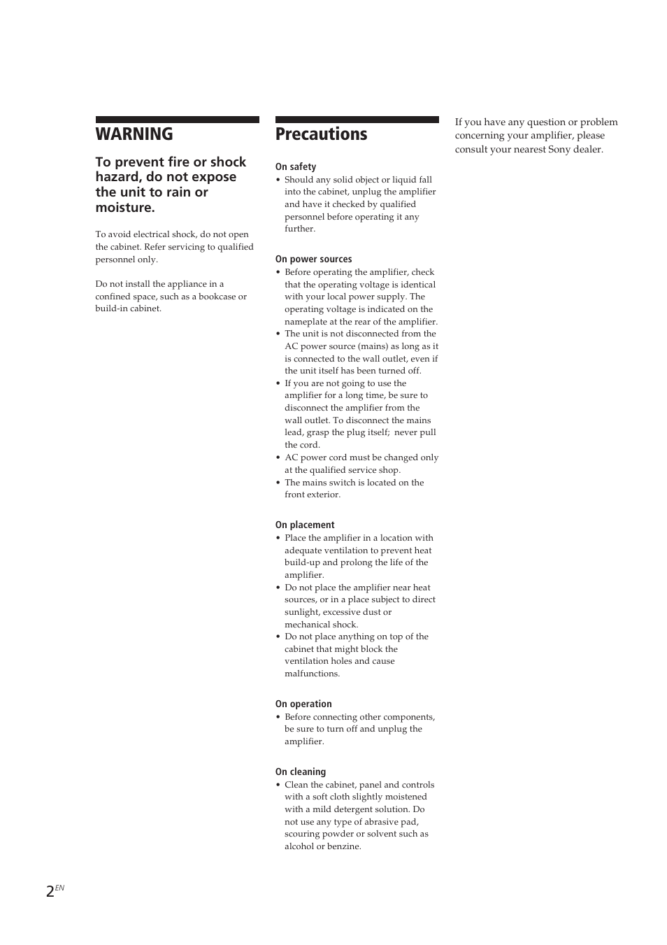 Warning, Precautions | Sony TA-VE700 User Manual | Page 2 / 90