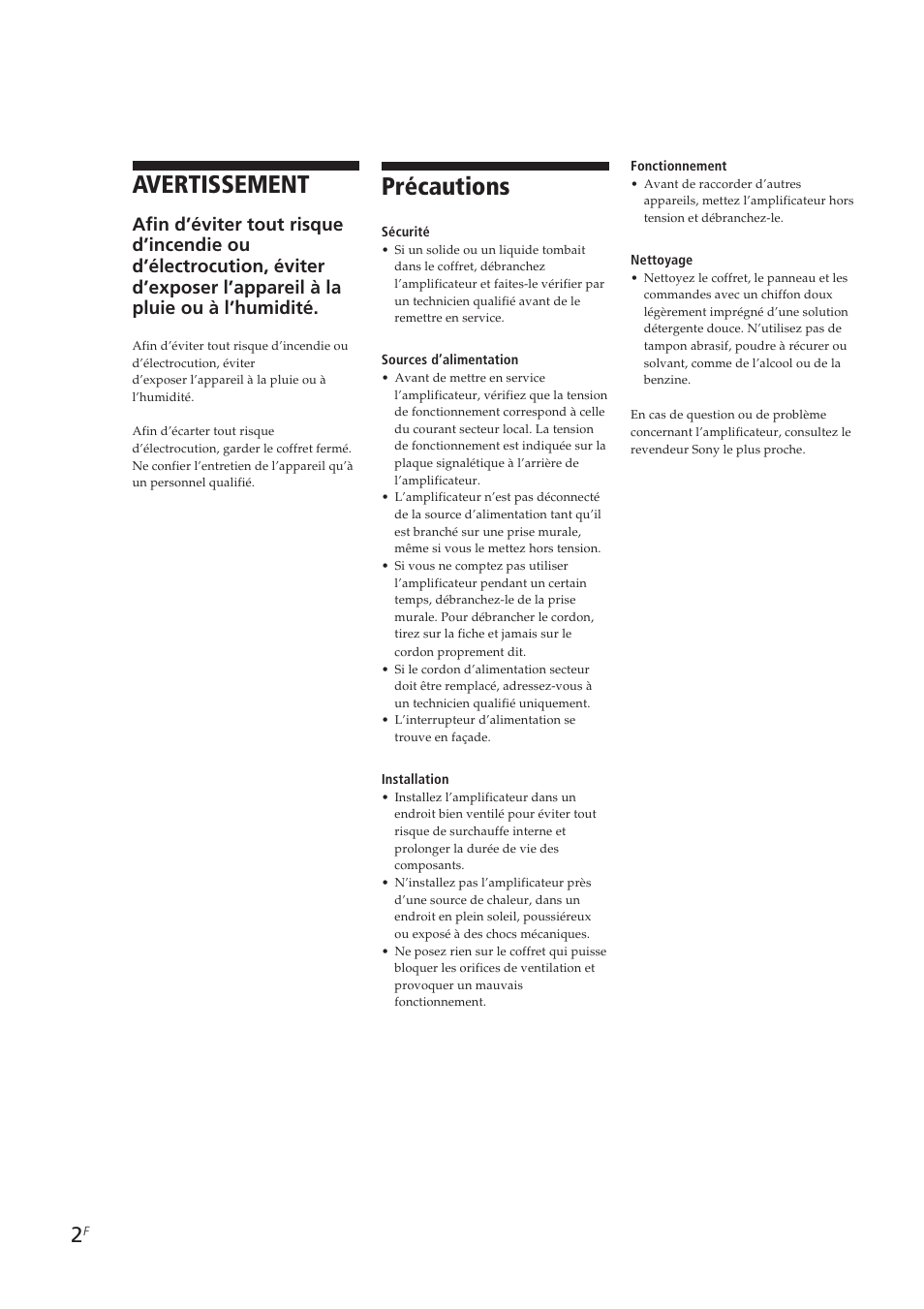 Précautions, Avertissement | Sony TA-VE700 User Manual | Page 23 / 90